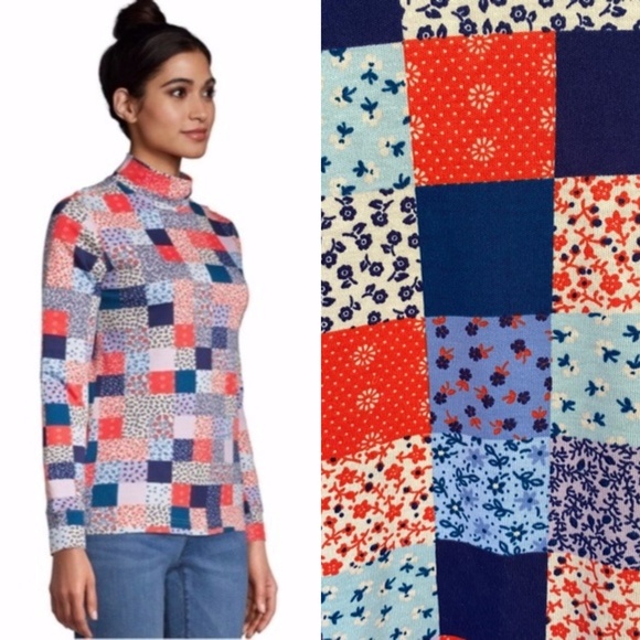 NEW Lands' End Patchwork Print Long Sleeve Mock Turtleneck Top Large - Picture 1 of 13